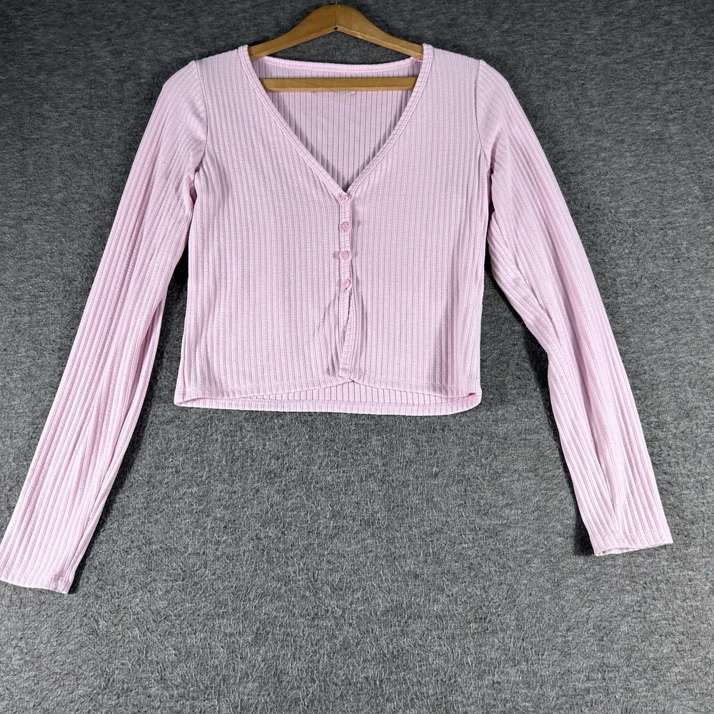 Hollister Women's Button Up Cardigan Shirt Baby Pink Ribbed Y2K Size Medium